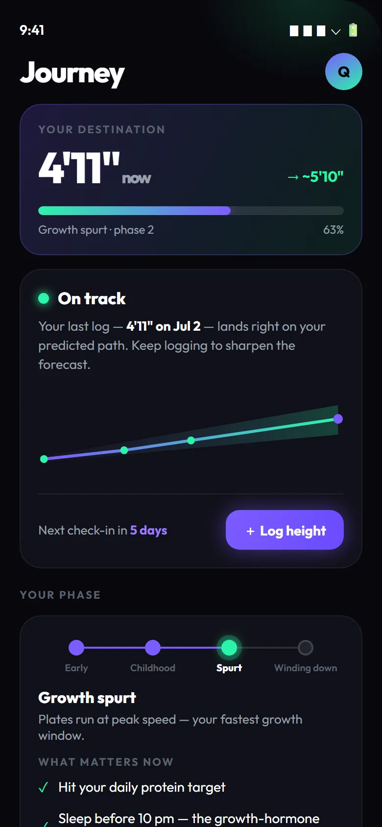GoTaller Journey screen with height log trend and milestones