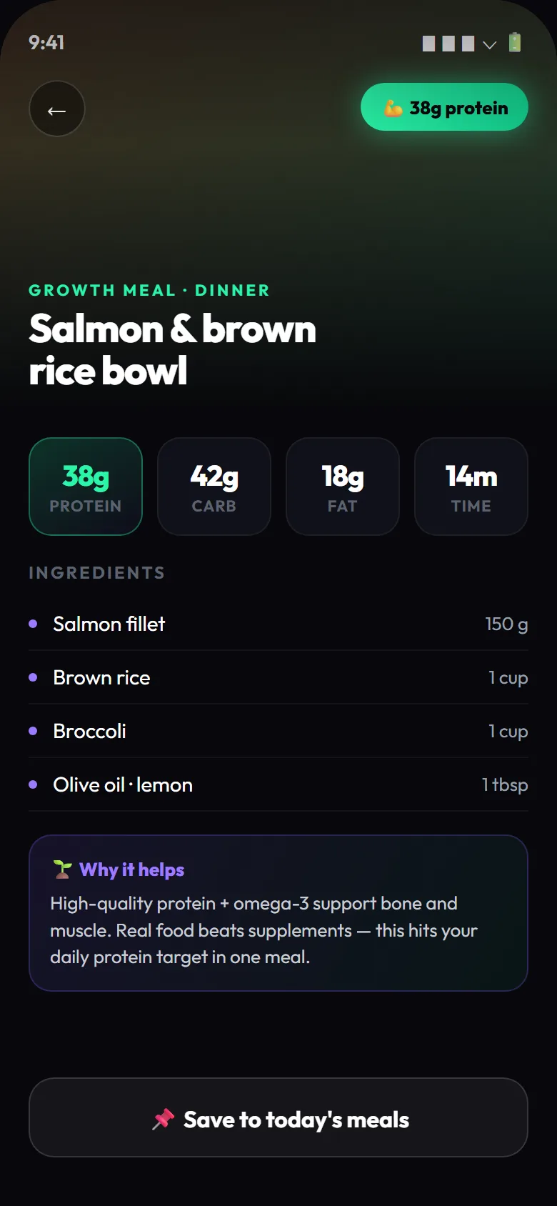 GoTaller recipe page showing protein, macros, ingredients and steps