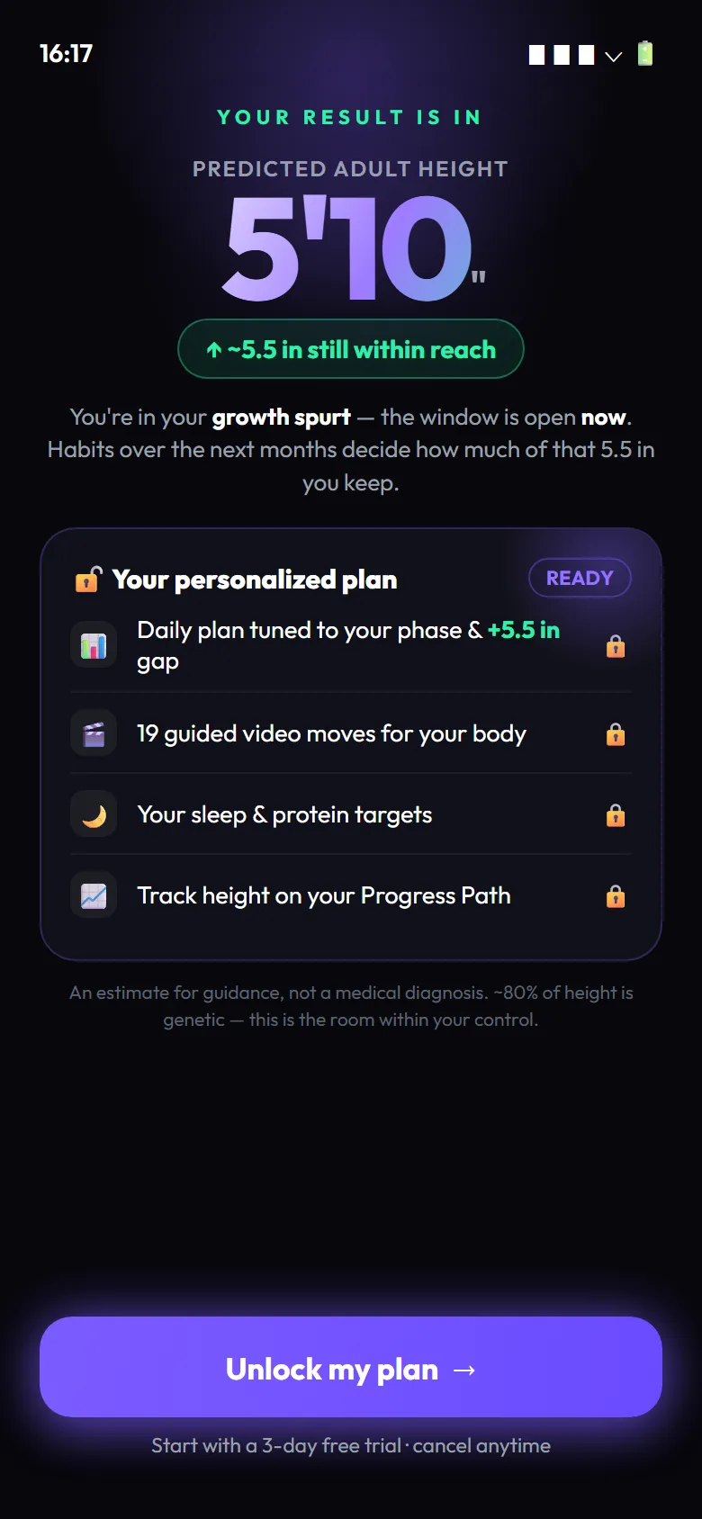 GoTaller prediction report showing estimated adult height