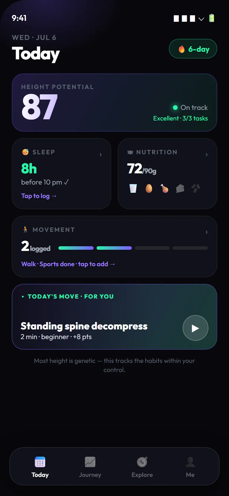GoTaller Today screen with daily check-in tasks and score ring