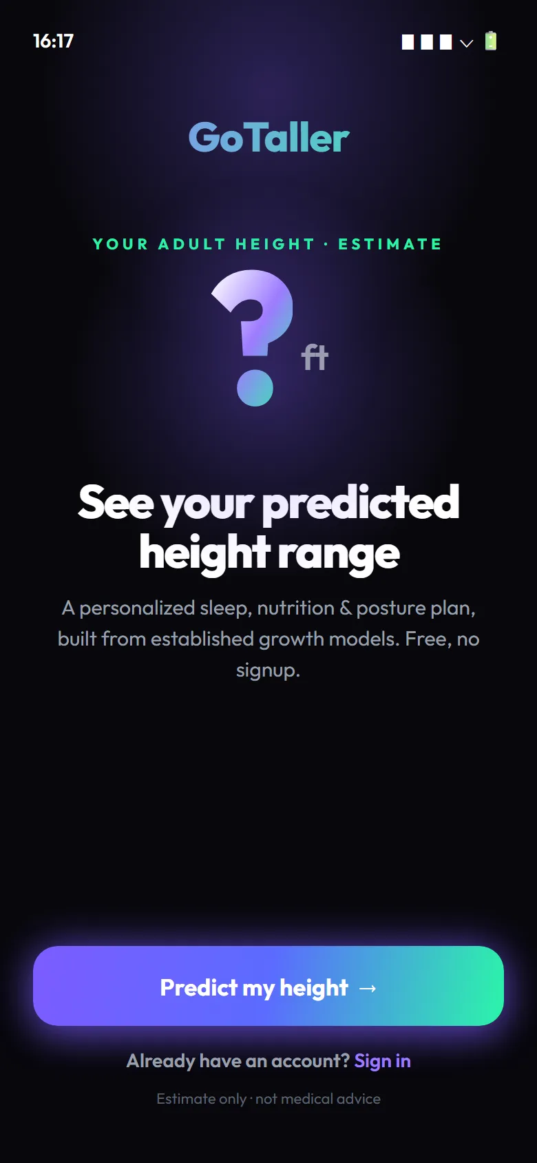 GoTaller welcome screen — free prediction, no signup