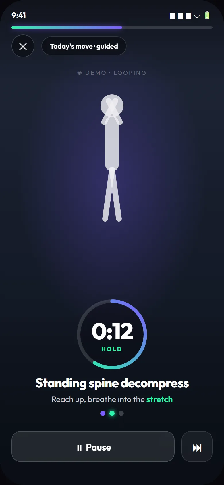GoTaller guided workout player with timer ring and follow-along cues
